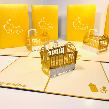 Metallic Baby Cot in Gold Origami Pop Cards 3D Pop Up Greeting Card Happy Birthday Thank You Handmade Gift Thinking of You Blank Card for Any Occasion Happy Mother's Day Happy Newborn Baby Celebrate New Life