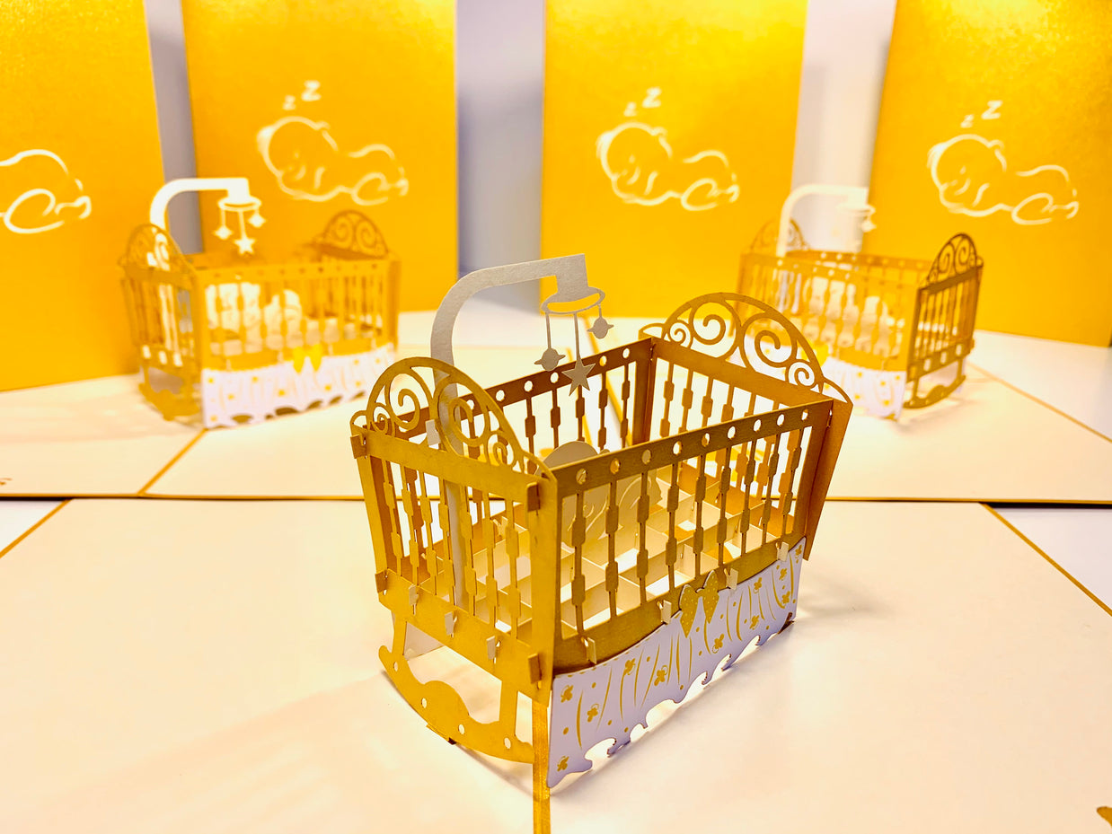 Metallic Baby Cot in Gold Origami Pop Cards 3D Pop Up Greeting Card Happy Birthday Thank You Handmade Gift Thinking of You Blank Card for Any Occasion Happy Mother's Day Happy Newborn Baby Celebrate New Life