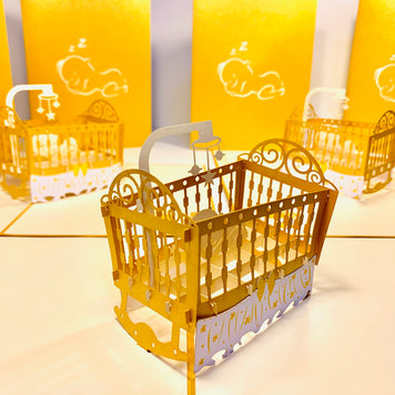 Metallic Baby Cot in Gold Origami Pop Cards 3D Pop Up Greeting Card Happy Birthday Thank You Handmade Gift Thinking of You Blank Card for Any Occasion Happy Mother's Day Happy Newborn Baby Celebrate New Life