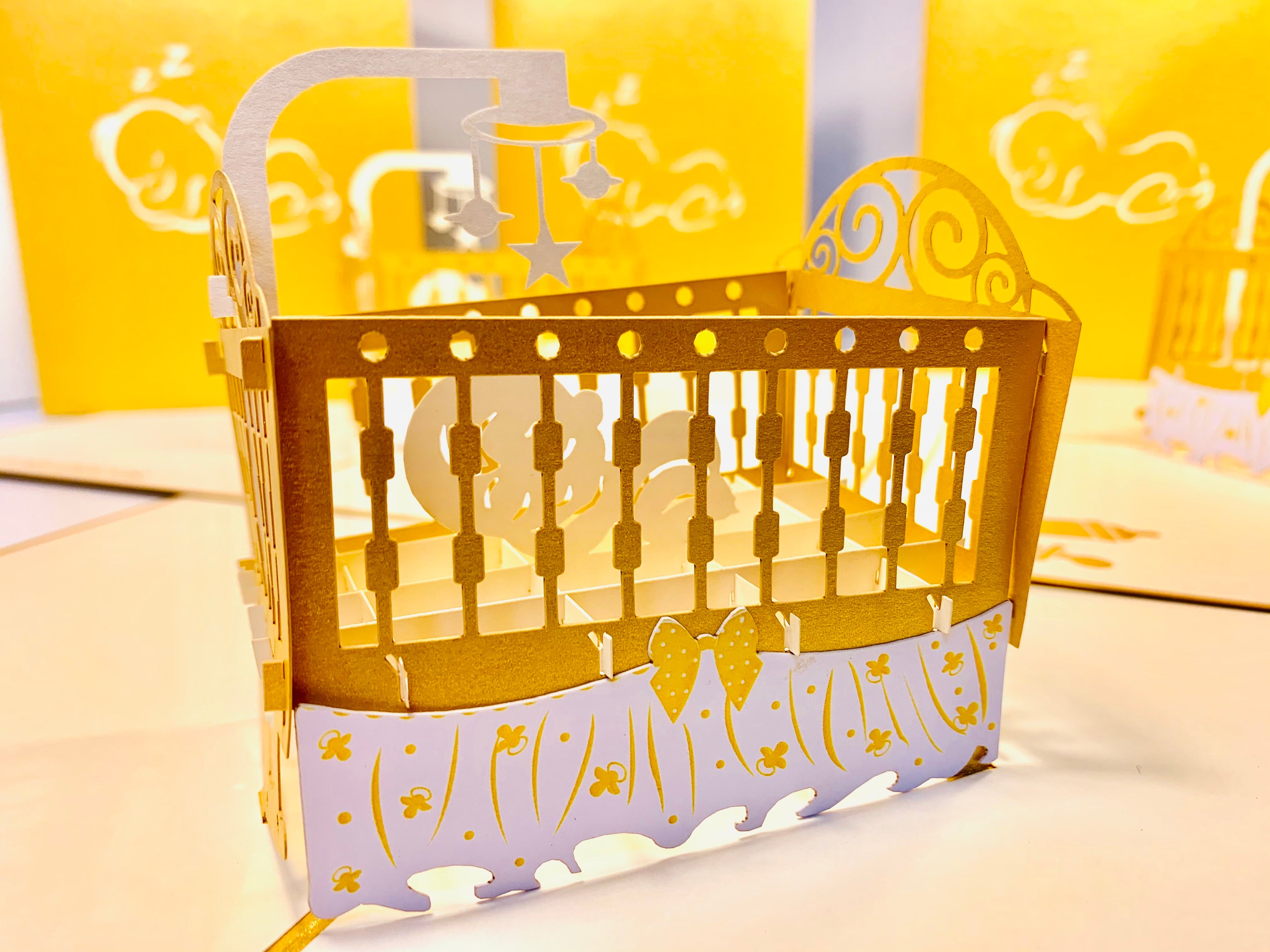 Metallic Baby Cot in Gold Origami Pop Cards 3D Pop Up Greeting Card Happy Birthday Thank You Handmade Gift Thinking of You Blank Card for Any Occasion Happy Mother's Day Happy Newborn Baby Celebrate New Life
