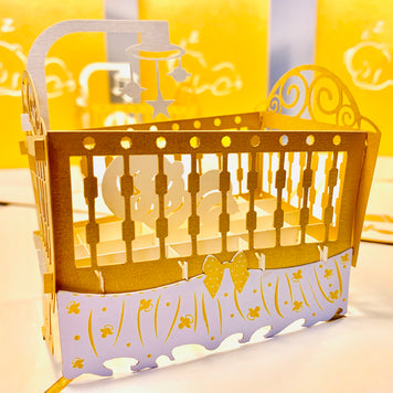 Metallic Baby Cot in Gold Origami Pop Cards 3D Pop Up Greeting Card Happy Birthday Thank You Handmade Gift Thinking of You Blank Card for Any Occasion Happy Mother's Day Happy Newborn Baby Celebrate New Life