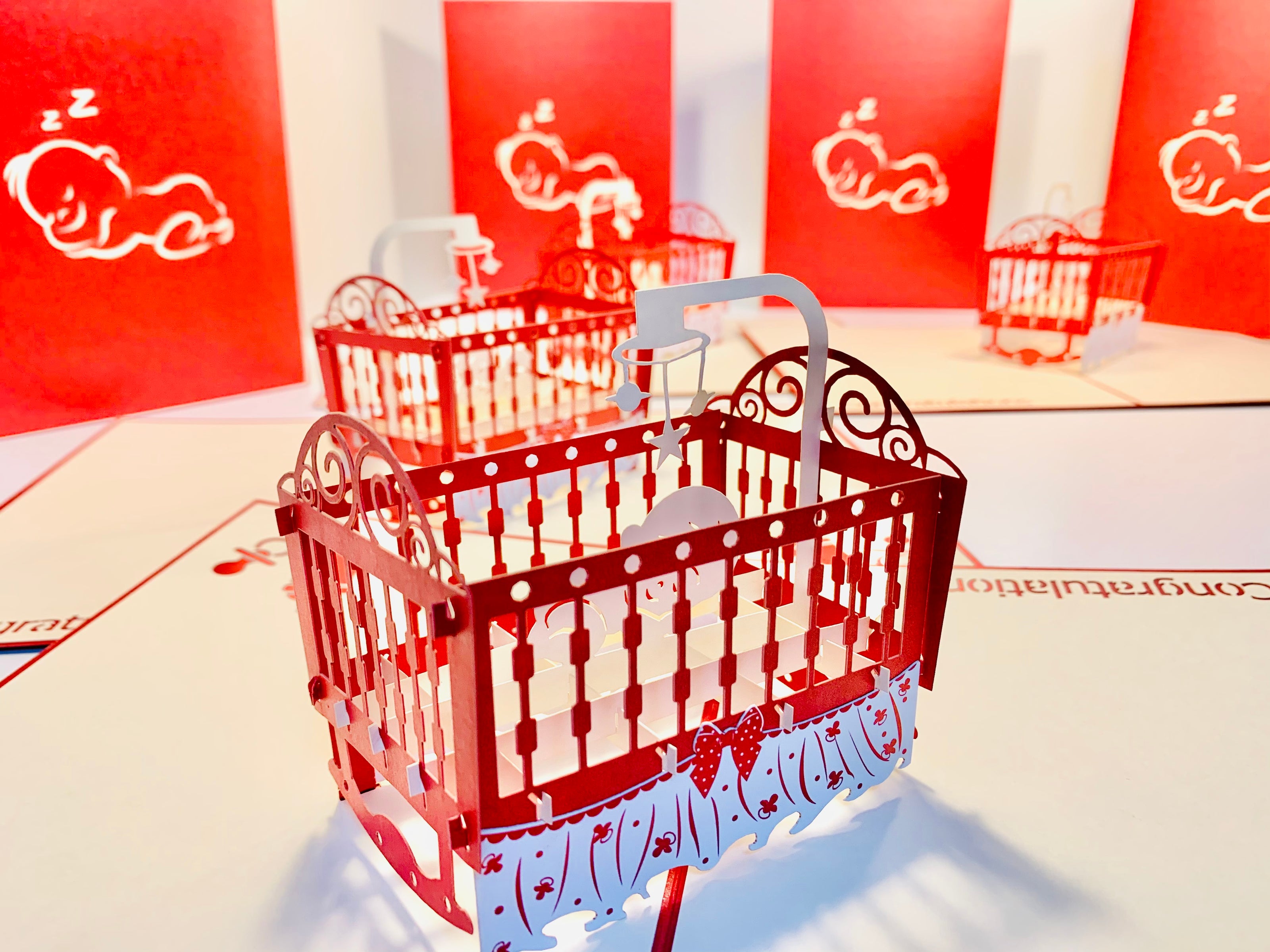 Metallic Baby Cot in Red Origami Pop Cards 3D Pop Up Greeting Card Happy Birthday Thank You Handmade Gift Thinking of You Blank Card for Any Occasion Happy Mother's Day Happy Newborn Baby Celebrate New Life