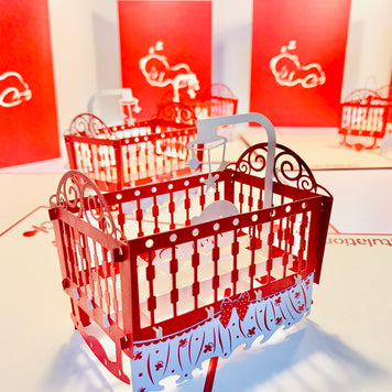 Metallic Baby Cot in Red Origami Pop Cards 3D Pop Up Greeting Card Happy Birthday Thank You Handmade Gift Thinking of You Blank Card for Any Occasion Happy Mother's Day Happy Newborn Baby Celebrate New Life