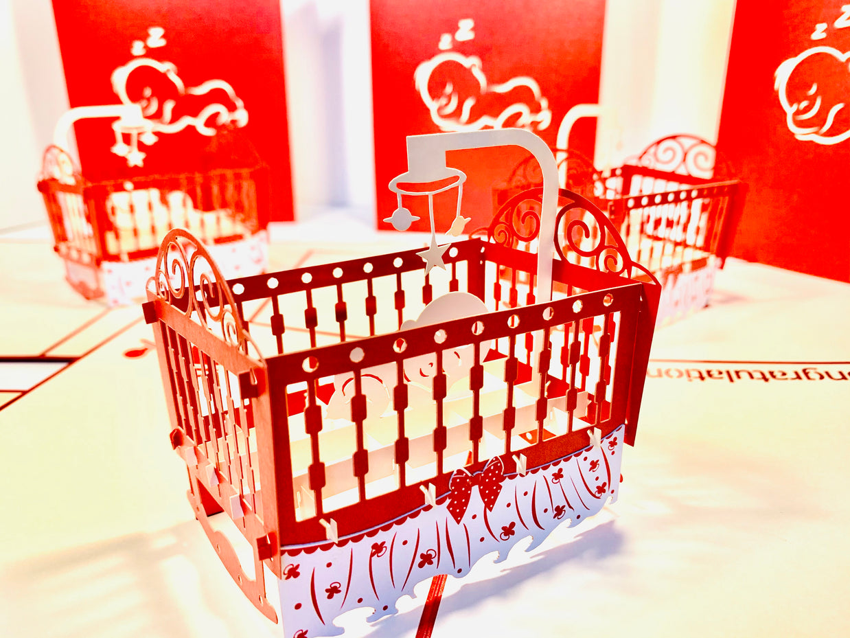 Metallic Baby Cot in Red Origami Pop Cards 3D Pop Up Greeting Card Happy Birthday Thank You Handmade Gift Thinking of You Blank Card for Any Occasion Happy Mother's Day Happy Newborn Baby Celebrate New Life