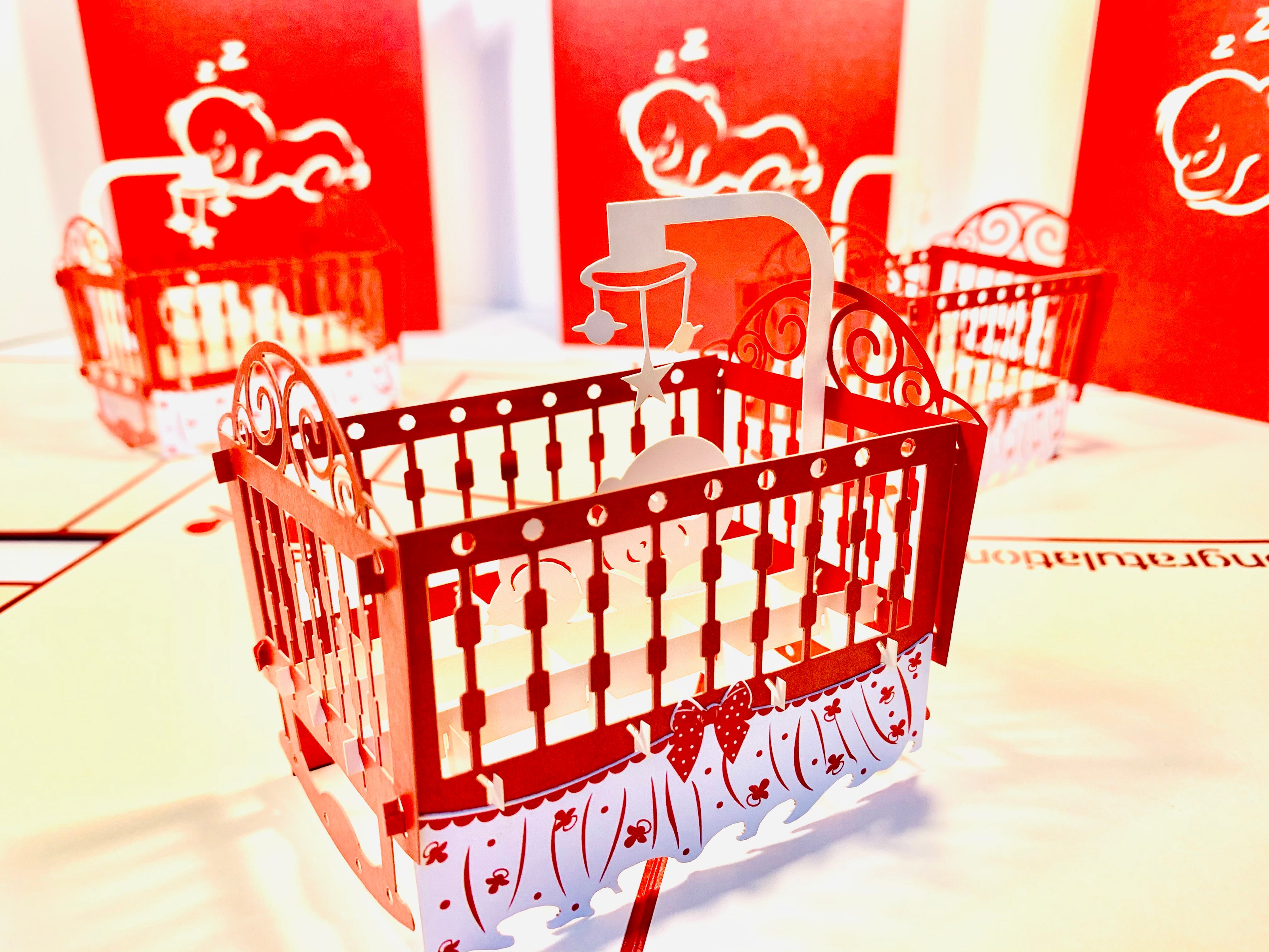 Metallic Baby Cot in Red Origami Pop Cards 3D Pop Up Greeting Card Happy Birthday Thank You Handmade Gift Thinking of You Blank Card for Any Occasion Happy Mother's Day Happy Newborn Baby Celebrate New Life