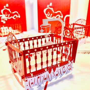 Metallic Baby Cot in Red Origami Pop Cards 3D Pop Up Greeting Card Happy Birthday Thank You Handmade Gift Thinking of You Blank Card for Any Occasion Happy Mother's Day Happy Newborn Baby Celebrate New Life