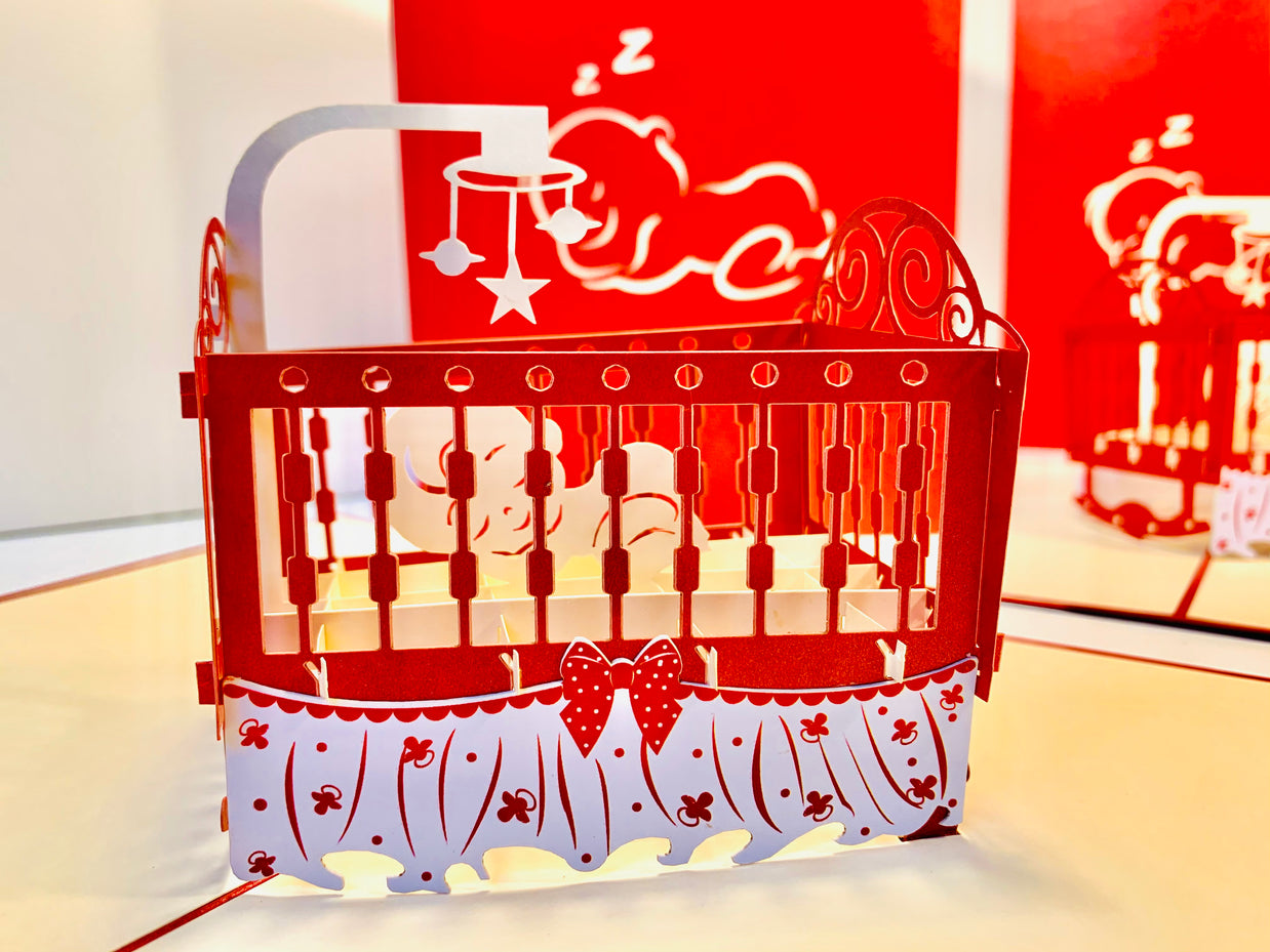 Metallic Baby Cot in Red Origami Pop Cards 3D Pop Up Greeting Card Happy Birthday Thank You Handmade Gift Thinking of You Blank Card for Any Occasion Happy Mother's Day Happy Newborn Baby Celebrate New Life