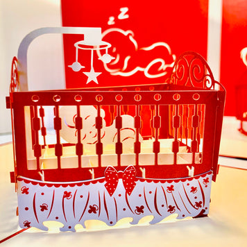 Metallic Baby Cot in Red Origami Pop Cards 3D Pop Up Greeting Card Happy Birthday Thank You Handmade Gift Thinking of You Blank Card for Any Occasion Happy Mother's Day Happy Newborn Baby Celebrate New Life