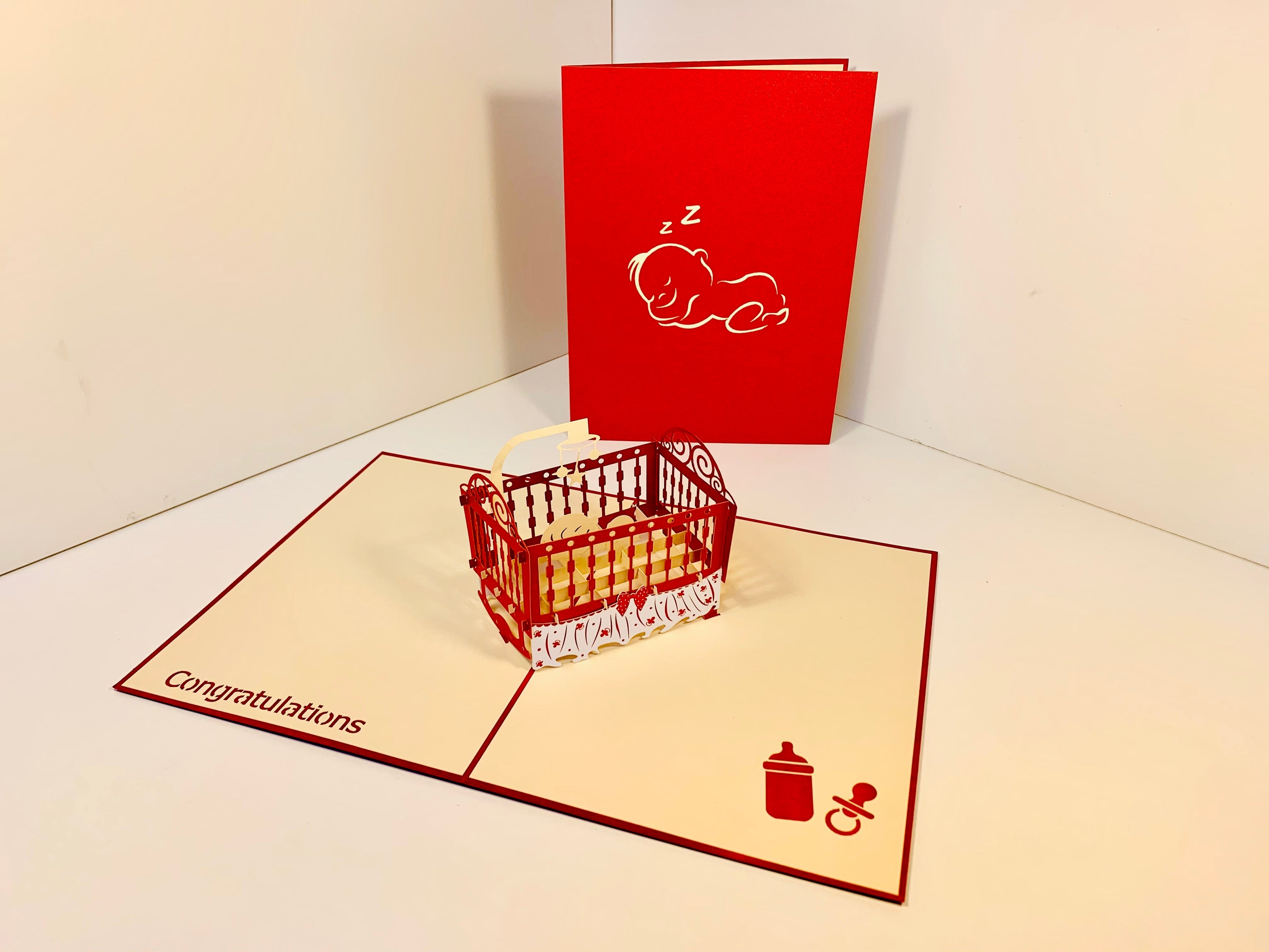 Metallic Baby Cot in Red Origami Pop Cards 3D Pop Up Greeting Card Happy Birthday Thank You Handmade Gift Thinking of You Blank Card for Any Occasion Happy Mother's Day Happy Newborn Baby Celebrate New Life