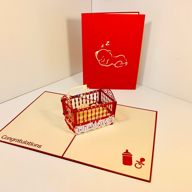 Metallic Baby Cot in Red Origami Pop Cards 3D Pop Up Greeting Card Happy Birthday Thank You Handmade Gift Thinking of You Blank Card for Any Occasion Happy Mother's Day Happy Newborn Baby Celebrate New Life