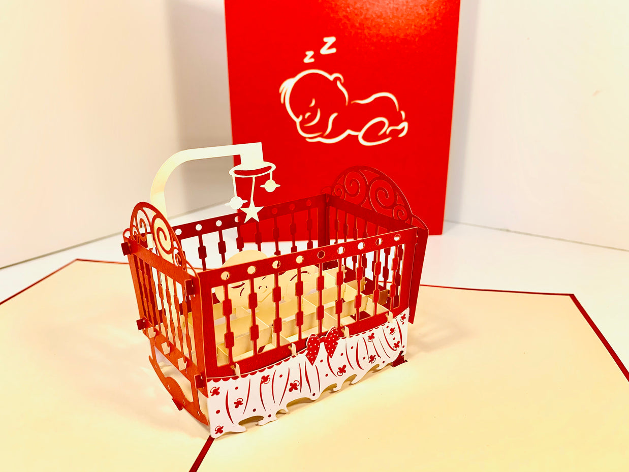 Metallic Baby Cot in Red Origami Pop Cards 3D Pop Up Greeting Card Happy Birthday Thank You Handmade Gift Thinking of You Blank Card for Any Occasion Happy Mother's Day Happy Newborn Baby Celebrate New Life