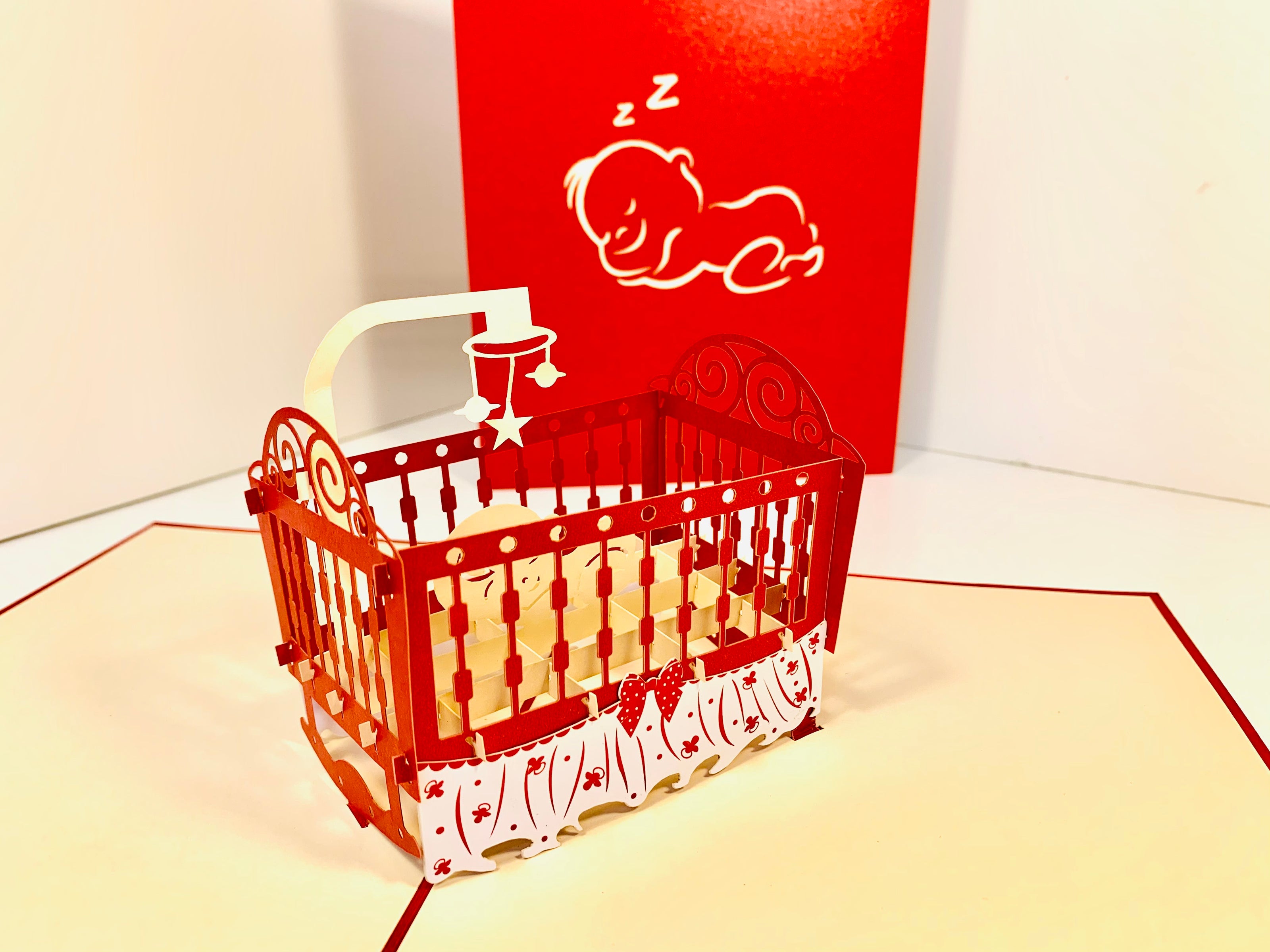 Metallic Baby Cot in Red Origami Pop Cards 3D Pop Up Greeting Card Happy Birthday Thank You Handmade Gift Thinking of You Blank Card for Any Occasion Happy Mother's Day Happy Newborn Baby Celebrate New Life