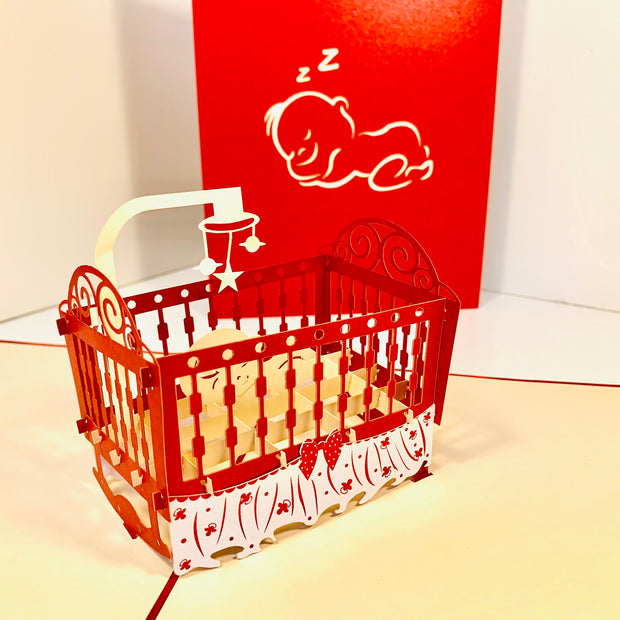 Metallic Baby Cot in Red Origami Pop Cards 3D Pop Up Greeting Card Happy Birthday Thank You Handmade Gift Thinking of You Blank Card for Any Occasion Happy Mother's Day Happy Newborn Baby Celebrate New Life