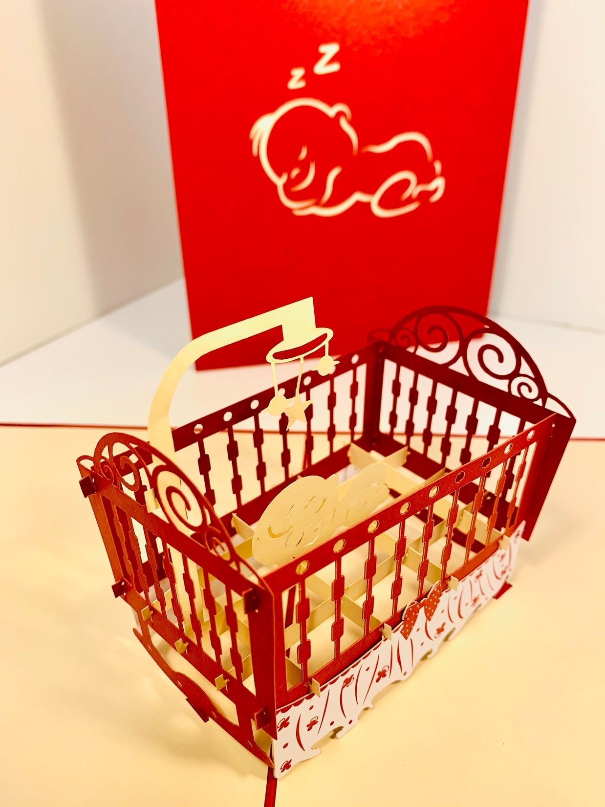 Metallic Baby Cot in Red Origami Pop Cards 3D Pop Up Greeting Card Happy Birthday Thank You Handmade Gift Thinking of You Blank Card for Any Occasion Happy Mother's Day Happy Newborn Baby Celebrate New Life