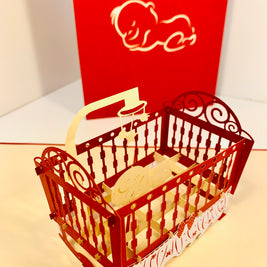 Metallic Baby Cot in Red Origami Pop Cards 3D Pop Up Greeting Card Happy Birthday Thank You Handmade Gift Thinking of You Blank Card for Any Occasion Happy Mother's Day Happy Newborn Baby Celebrate New Life
