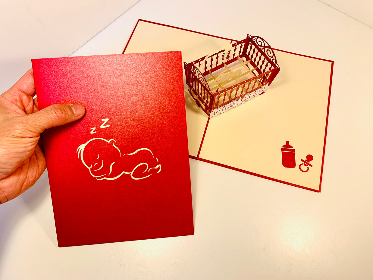 Metallic Baby Cot in Red Origami Pop Cards 3D Pop Up Greeting Card Happy Birthday Thank You Handmade Gift Thinking of You Blank Card for Any Occasion Happy Mother's Day Happy Newborn Baby Celebrate New Life