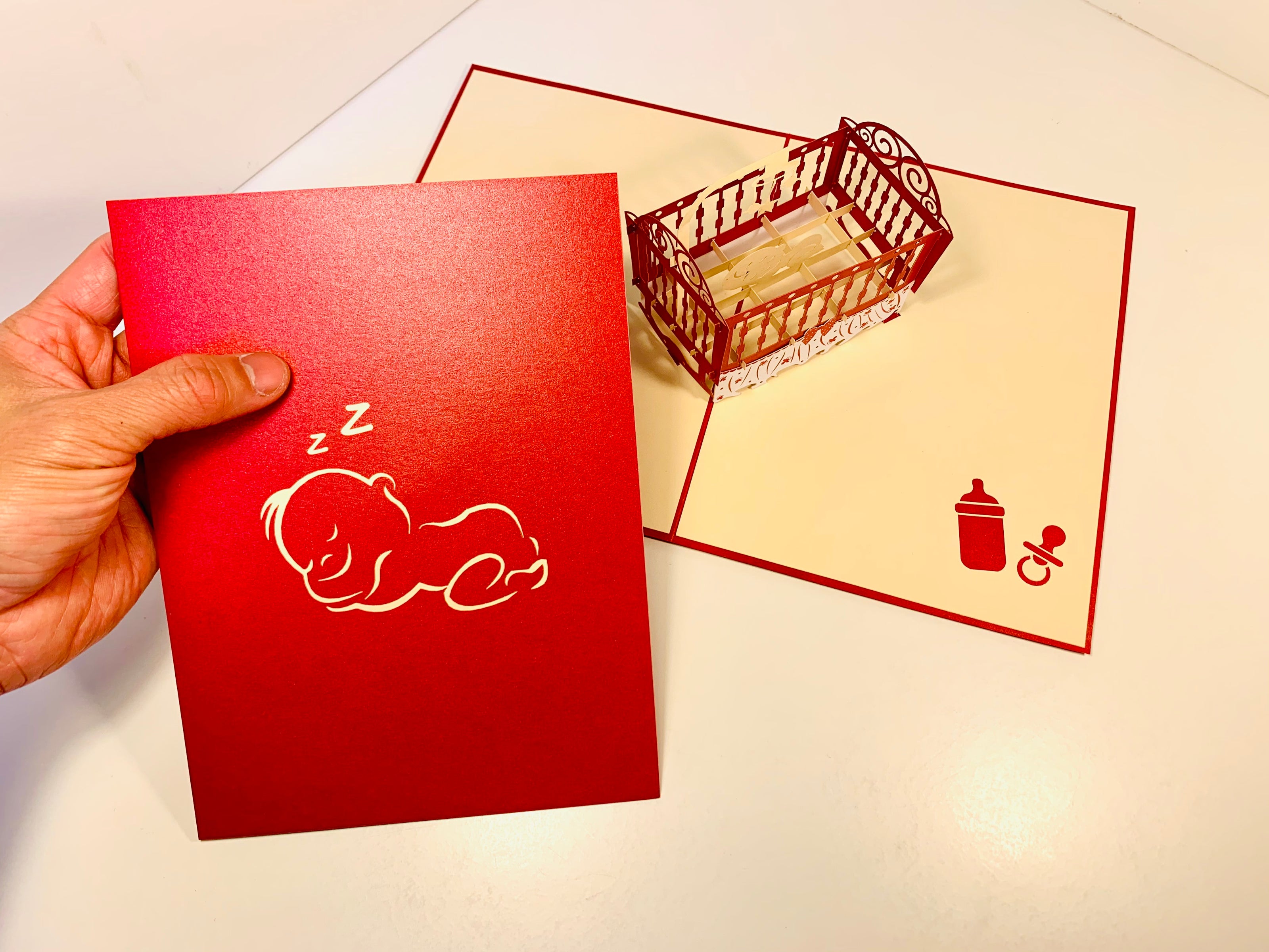 Metallic Baby Cot in Red Origami Pop Cards 3D Pop Up Greeting Card Happy Birthday Thank You Handmade Gift Thinking of You Blank Card for Any Occasion Happy Mother's Day Happy Newborn Baby Celebrate New Life