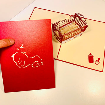 Metallic Baby Cot in Red Origami Pop Cards 3D Pop Up Greeting Card Happy Birthday Thank You Handmade Gift Thinking of You Blank Card for Any Occasion Happy Mother's Day Happy Newborn Baby Celebrate New Life