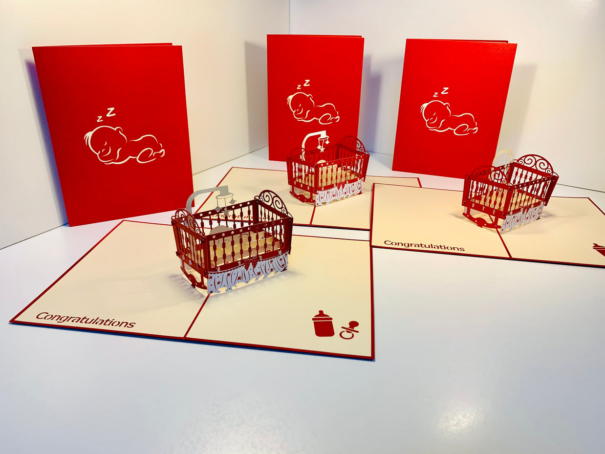 Metallic Baby Cot in Red Origami Pop Cards 3D Pop Up Greeting Card Happy Birthday Thank You Handmade Gift Thinking of You Blank Card for Any Occasion Happy Mother's Day Happy Newborn Baby Celebrate New Life
