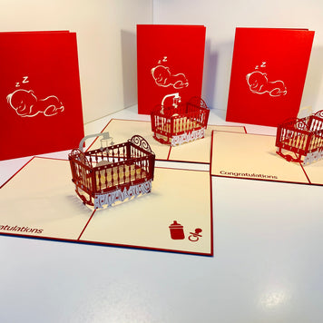 Metallic Baby Cot in Red Origami Pop Cards 3D Pop Up Greeting Card Happy Birthday Thank You Handmade Gift Thinking of You Blank Card for Any Occasion Happy Mother's Day Happy Newborn Baby Celebrate New Life