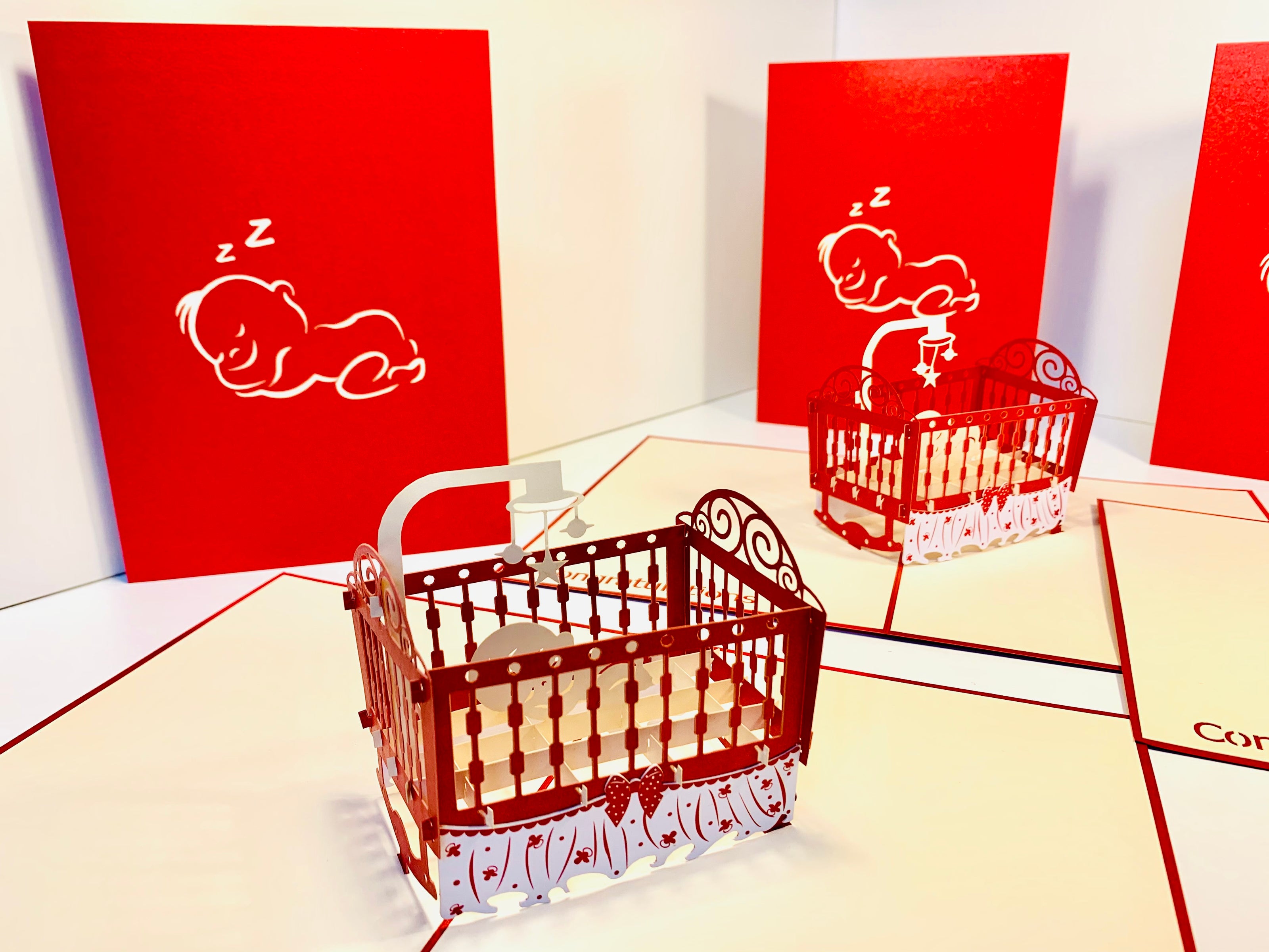 Metallic Baby Cot in Red Origami Pop Cards 3D Pop Up Greeting Card Happy Birthday Thank You Handmade Gift Thinking of You Blank Card for Any Occasion Happy Mother's Day Happy Newborn Baby Celebrate New Life