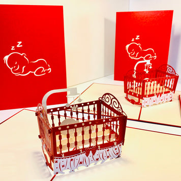 Metallic Baby Cot in Red Origami Pop Cards 3D Pop Up Greeting Card Happy Birthday Thank You Handmade Gift Thinking of You Blank Card for Any Occasion Happy Mother's Day Happy Newborn Baby Celebrate New Life