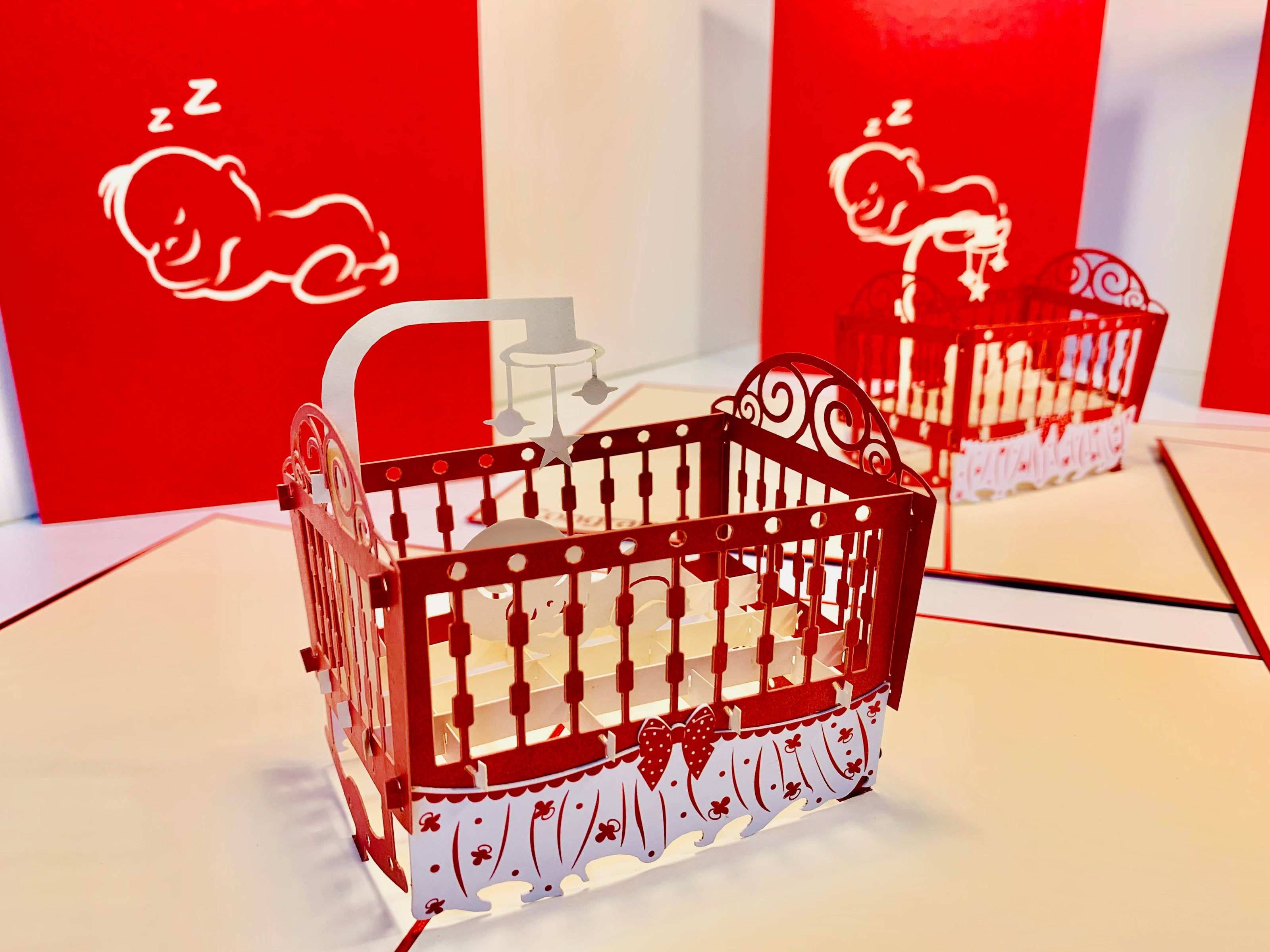 Metallic Baby Cot in Red Origami Pop Cards 3D Pop Up Greeting Card Happy Birthday Thank You Handmade Gift Thinking of You Blank Card for Any Occasion Happy Mother's Day Happy Newborn Baby Celebrate New Life