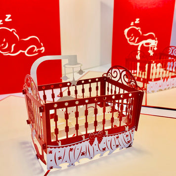Metallic Baby Cot in Red Origami Pop Cards 3D Pop Up Greeting Card Happy Birthday Thank You Handmade Gift Thinking of You Blank Card for Any Occasion Happy Mother's Day Happy Newborn Baby Celebrate New Life