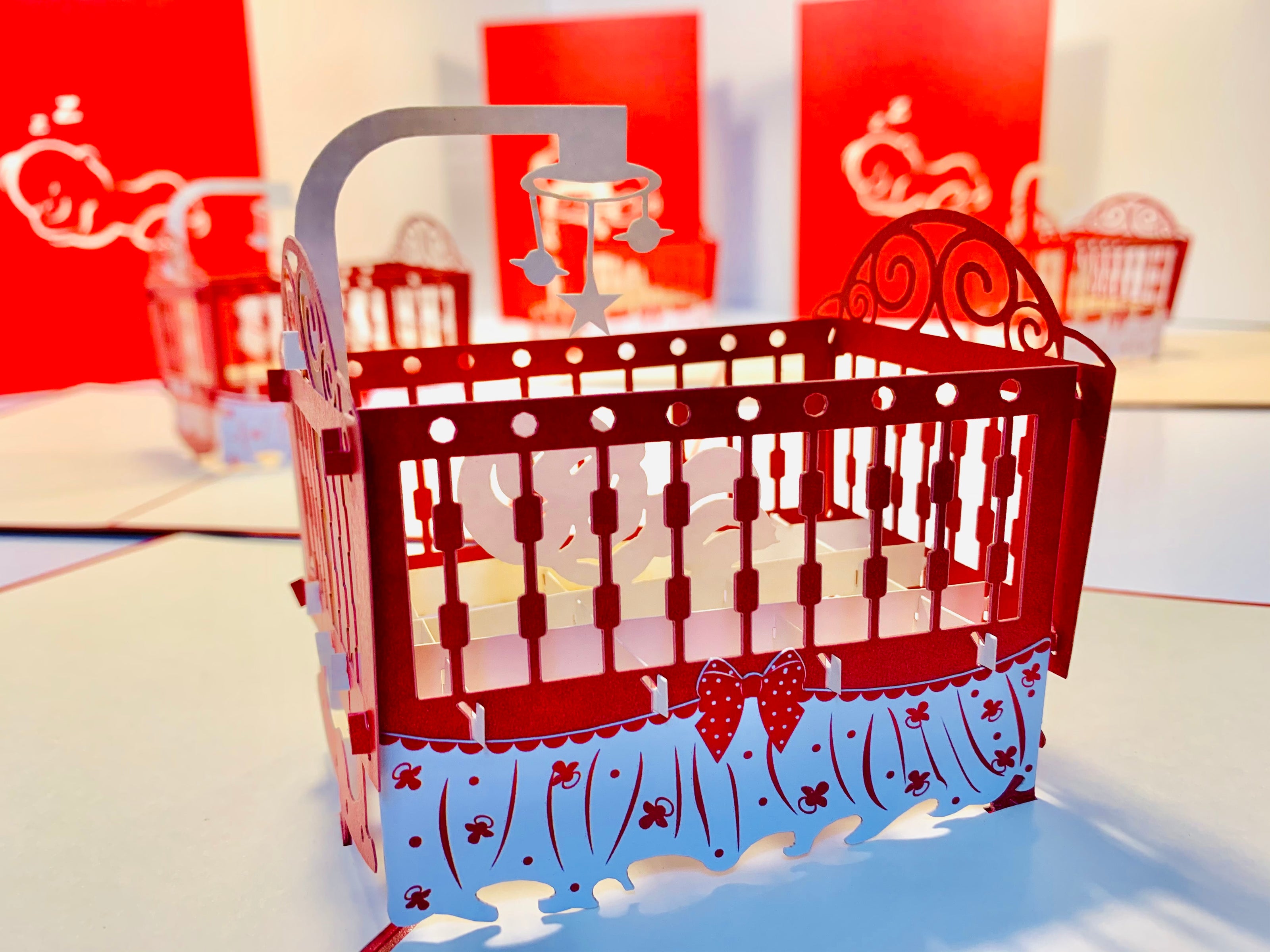 Metallic Baby Cot in Red Origami Pop Cards 3D Pop Up Greeting Card Happy Birthday Thank You Handmade Gift Thinking of You Blank Card for Any Occasion Happy Mother's Day Happy Newborn Baby Celebrate New Life
