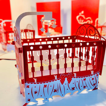 Metallic Baby Cot in Red Origami Pop Cards 3D Pop Up Greeting Card Happy Birthday Thank You Handmade Gift Thinking of You Blank Card for Any Occasion Happy Mother's Day Happy Newborn Baby Celebrate New Life