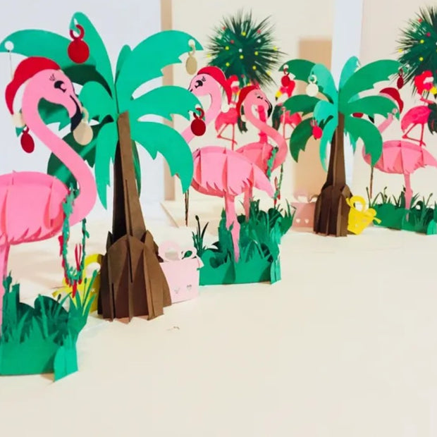 Metallic Christmas Pink Flamingos Origami Pop Cards 3D Pop Up Greeting Card Merry Christmas Thank You Handmade Best Wishes Blank Card Gift Happy Holidays Celebrate the Special Day Moment with Family and Friends