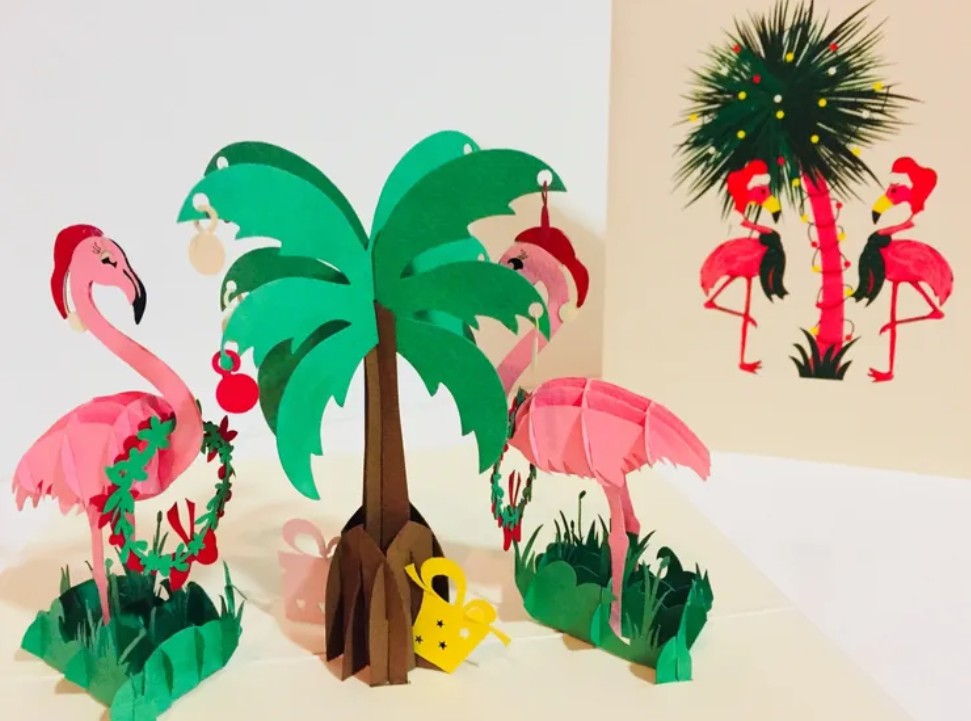 Metallic Christmas Pink Flamingos Origami Pop Cards 3D Pop Up Greeting Card Merry Christmas Thank You Handmade Best Wishes Blank Card Gift Happy Holidays Celebrate the Special Day Moment with Family and Friends