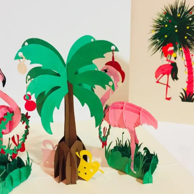 Metallic Christmas Pink Flamingos Origami Pop Cards 3D Pop Up Greeting Card Merry Christmas Thank You Handmade Best Wishes Blank Card Gift Happy Holidays Celebrate the Special Day Moment with Family and Friends