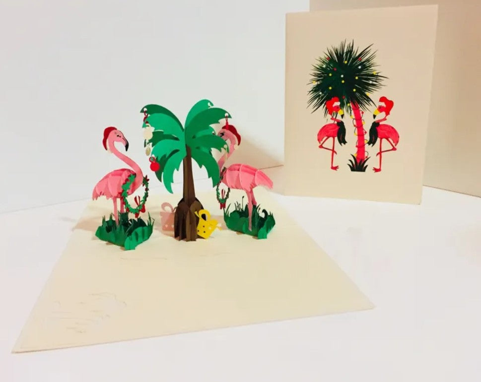 Metallic Christmas Pink Flamingos Origami Pop Cards 3D Pop Up Greeting Card Merry Christmas Thank You Handmade Best Wishes Blank Card Gift Happy Holidays Celebrate the Special Day Moment with Family and Friends