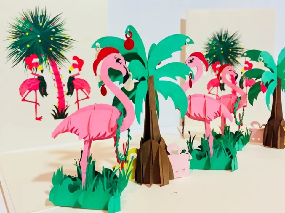 Metallic Christmas Pink Flamingos Origami Pop Cards 3D Pop Up Greeting Card Merry Christmas Thank You Handmade Best Wishes Blank Card Gift Happy Holidays Celebrate the Special Day Moment with Family and Friends