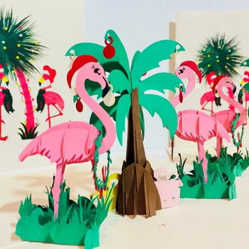 Metallic Christmas Pink Flamingos Origami Pop Cards 3D Pop Up Greeting Card Merry Christmas Thank You Handmade Best Wishes Blank Card Gift Happy Holidays Celebrate the Special Day Moment with Family and Friends