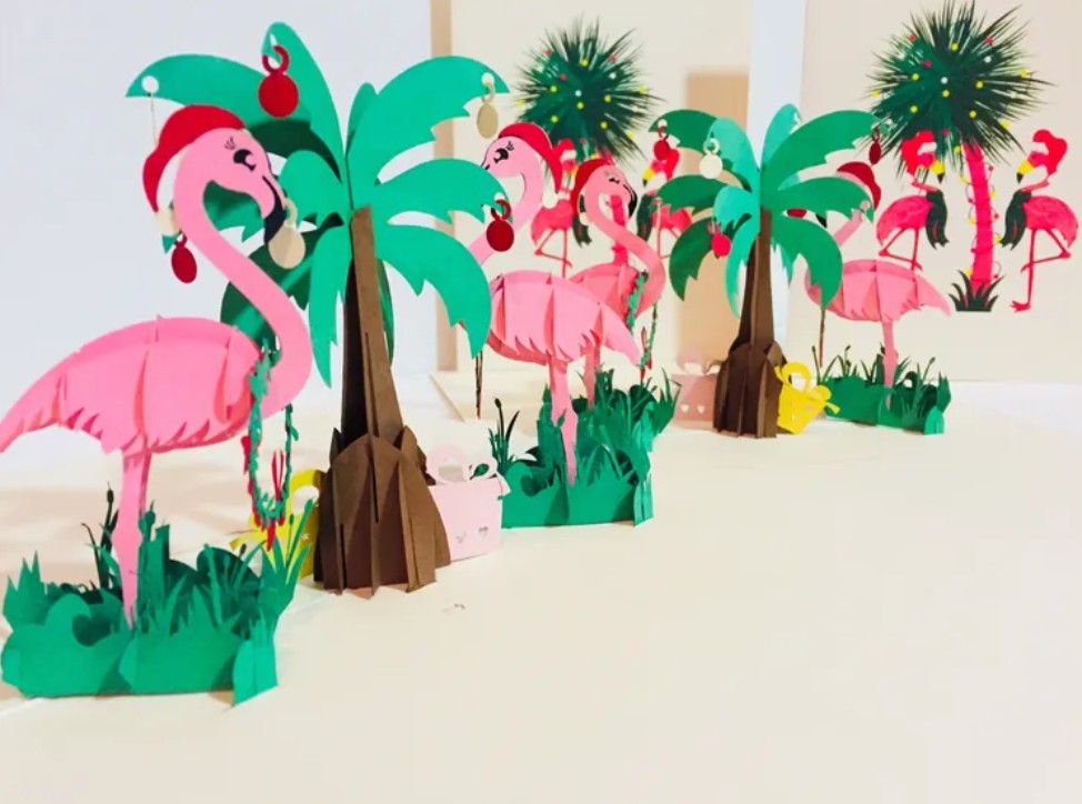 Metallic Christmas Pink Flamingos Origami Pop Cards 3D Pop Up Greeting Card Merry Christmas Thank You Handmade Best Wishes Blank Card Gift Happy Holidays Celebrate the Special Day Moment with Family and Friends