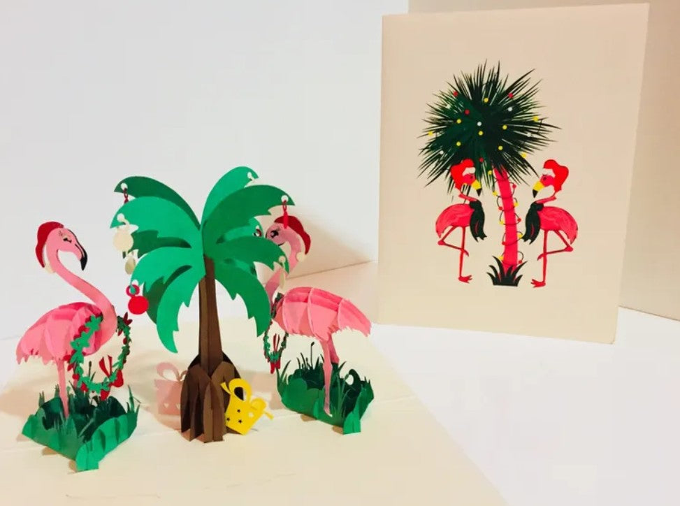 Metallic Christmas Pink Flamingos Origami Pop Cards 3D Pop Up Greeting Card Merry Christmas Thank You Handmade Best Wishes Blank Card Gift Happy Holidays Celebrate the Special Day Moment with Family and Friends
