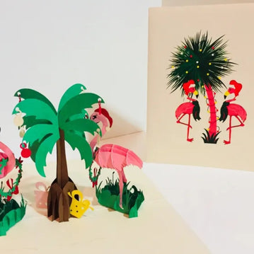 Metallic Christmas Pink Flamingos Origami Pop Cards 3D Pop Up Greeting Card Merry Christmas Thank You Handmade Best Wishes Blank Card Gift Happy Holidays Celebrate the Special Day Moment with Family and Friends