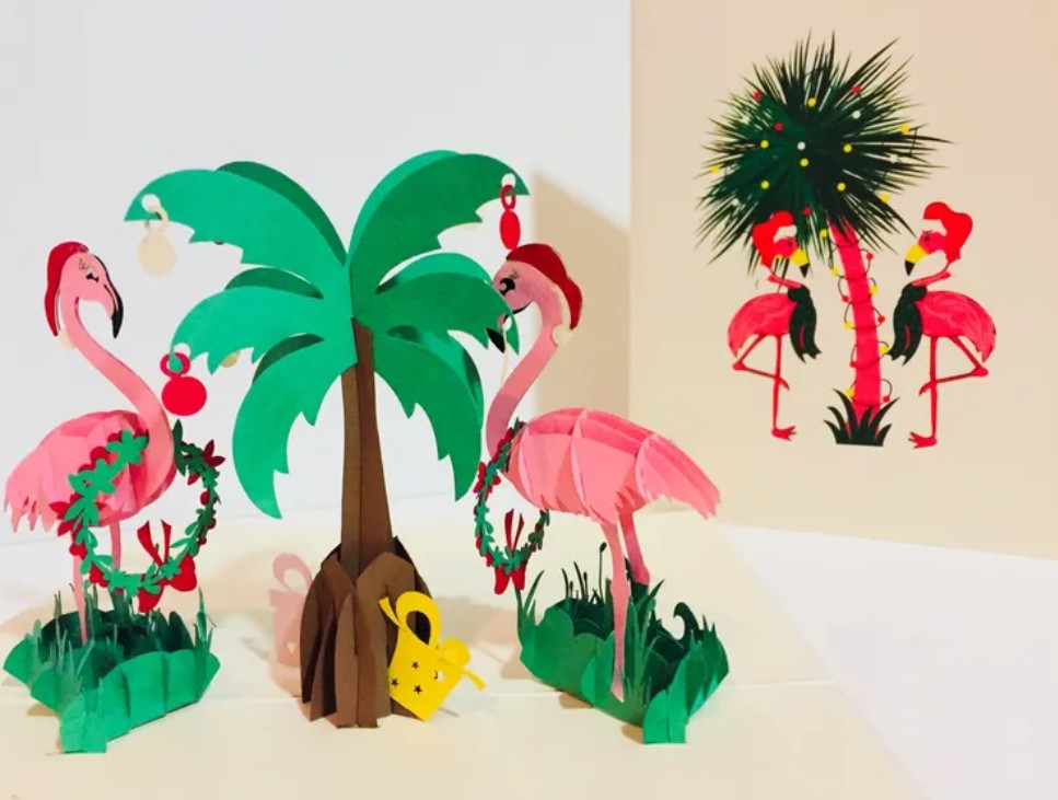 Metallic Christmas Pink Flamingos Origami Pop Cards 3D Pop Up Greeting Card Merry Christmas Thank You Handmade Best Wishes Blank Card Gift Happy Holidays Celebrate the Special Day Moment with Family and Friends