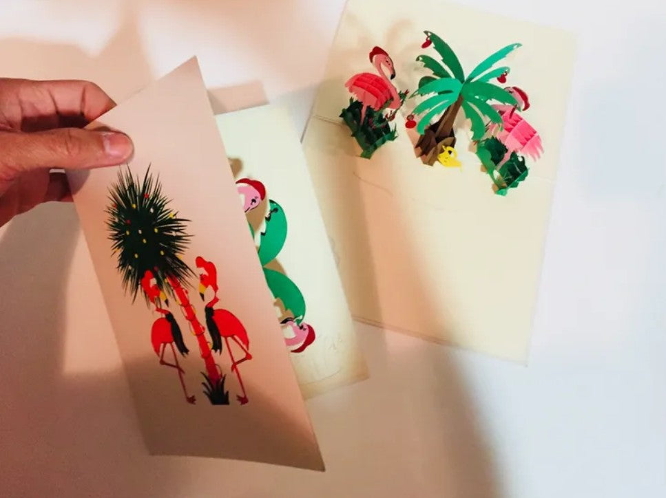Metallic Christmas Pink Flamingos Origami Pop Cards 3D Pop Up Greeting Card Merry Christmas Thank You Handmade Best Wishes Blank Card Gift Happy Holidays Celebrate the Special Day Moment with Family and Friends