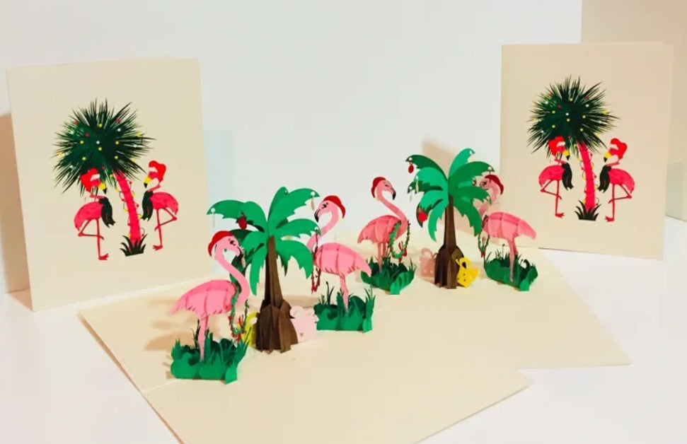Metallic Christmas Pink Flamingos Origami Pop Cards 3D Pop Up Greeting Card Merry Christmas Thank You Handmade Best Wishes Blank Card Gift Happy Holidays Celebrate the Special Day Moment with Family and Friends