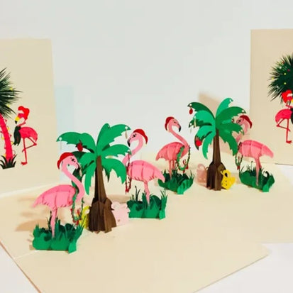 Metallic Christmas Pink Flamingos Origami Pop Cards 3D Pop Up Greeting Card Merry Christmas Thank You Handmade Best Wishes Blank Card Gift Happy Holidays Celebrate the Special Day Moment with Family and Friends