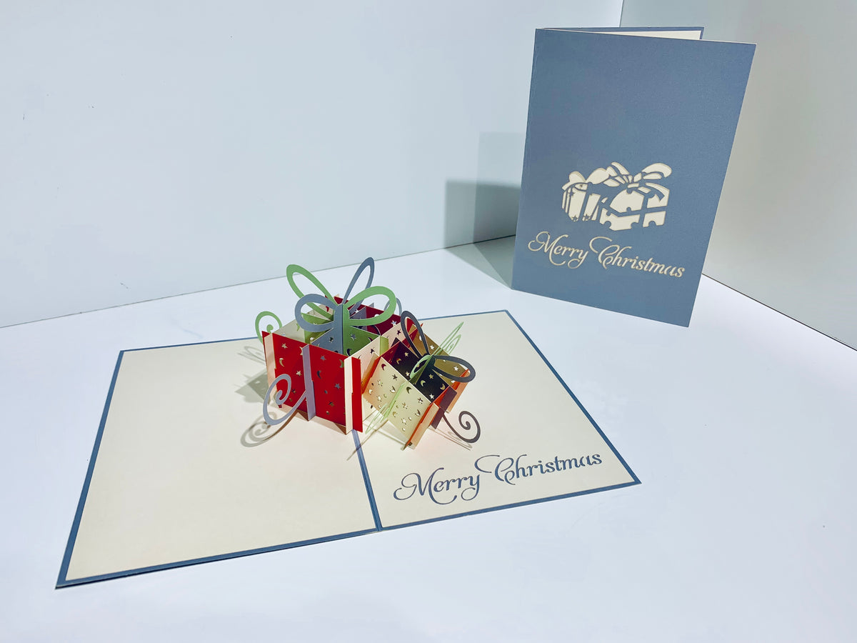 Metallic Christmas Present in Silver Grey & Red Origami Pop Cards 3D Pop Up Greeting Card Merry Christmas Thank You Handmade Best Wishes Blank Card Gift Happy Holidays Celebrate the Special Day