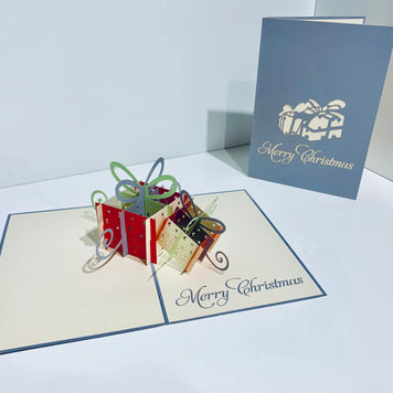 Metallic Christmas Present in Silver Grey & Red Origami Pop Cards 3D Pop Up Greeting Card Merry Christmas Thank You Handmade Best Wishes Blank Card Gift Happy Holidays Celebrate the Special Day