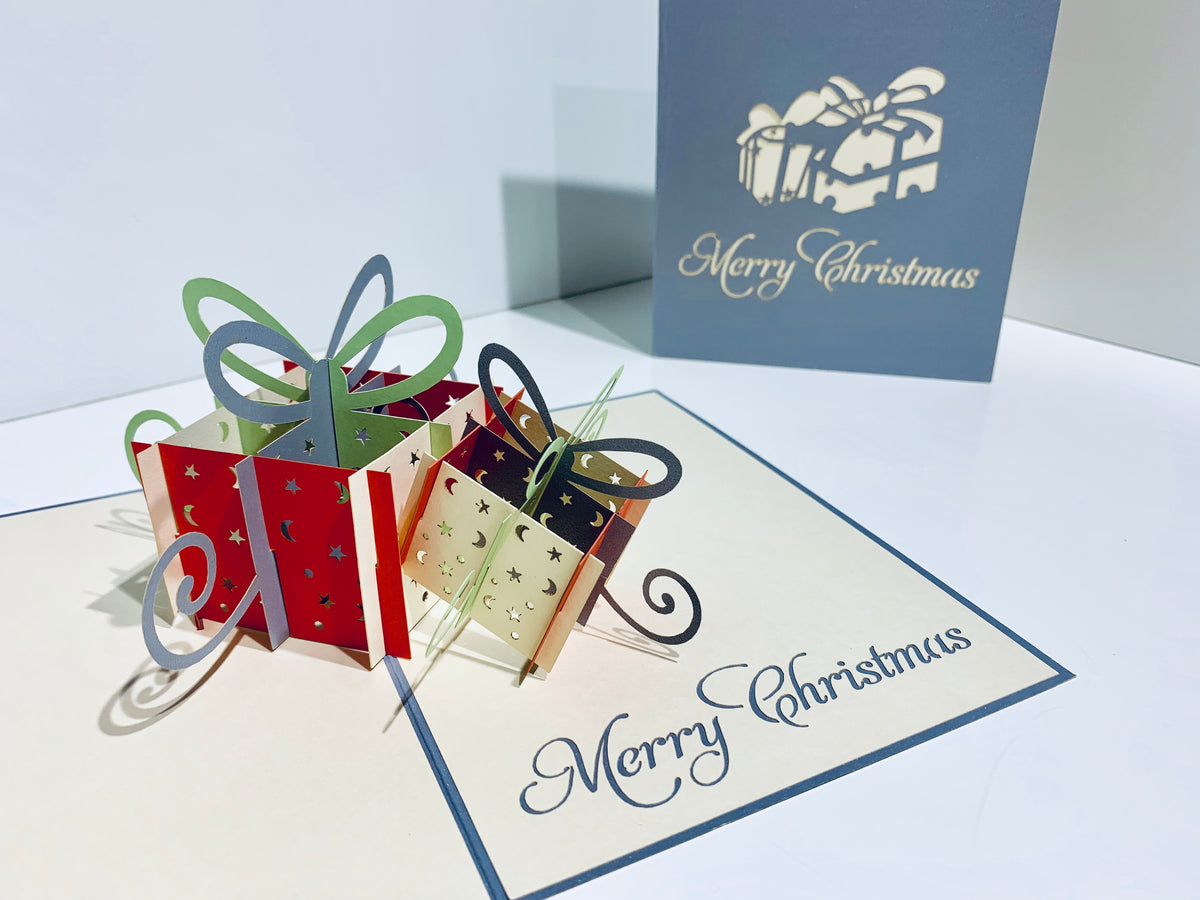 Metallic Christmas Present in Silver Grey & Red Origami Pop Cards 3D Pop Up Greeting Card Merry Christmas Thank You Handmade Best Wishes Blank Card Gift Happy Holidays Celebrate the Special Day