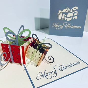 Metallic Christmas Present in Silver Grey & Red Origami Pop Cards 3D Pop Up Greeting Card Merry Christmas Thank You Handmade Best Wishes Blank Card Gift Happy Holidays Celebrate the Special Day