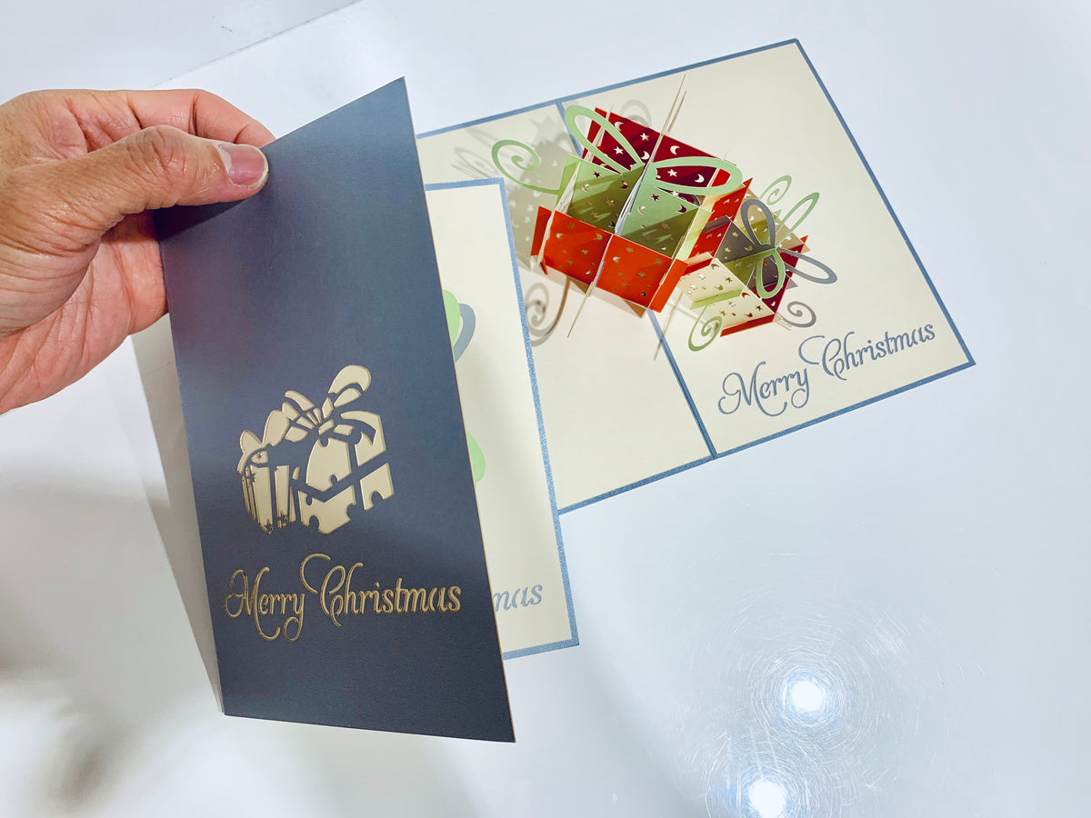Metallic Christmas Present in Silver Grey & Red Origami Pop Cards 3D Pop Up Greeting Card Merry Christmas Thank You Handmade Best Wishes Blank Card Gift Happy Holidays Celebrate the Special Day