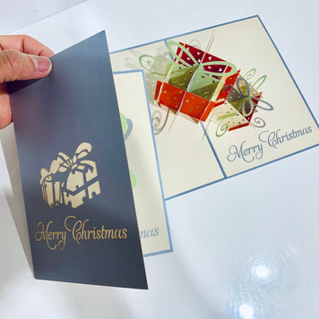 Metallic Christmas Present in Silver Grey & Red Origami Pop Cards 3D Pop Up Greeting Card Merry Christmas Thank You Handmade Best Wishes Blank Card Gift Happy Holidays Celebrate the Special Day