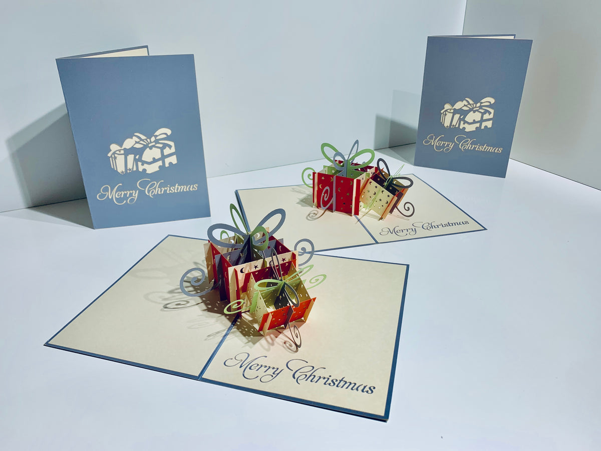 Metallic Christmas Present in Silver Grey & Red Origami Pop Cards 3D Pop Up Greeting Card Merry Christmas Thank You Handmade Best Wishes Blank Card Gift Happy Holidays Celebrate the Special Day